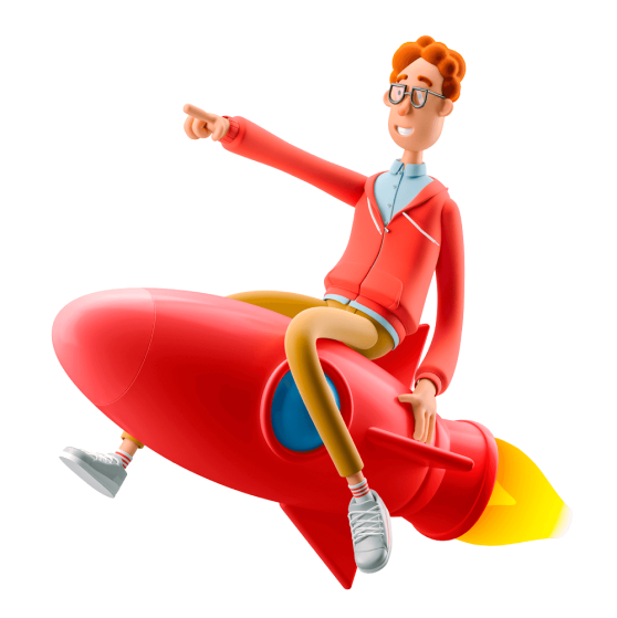 Pessoa em um foguete representando velocidade e inovação